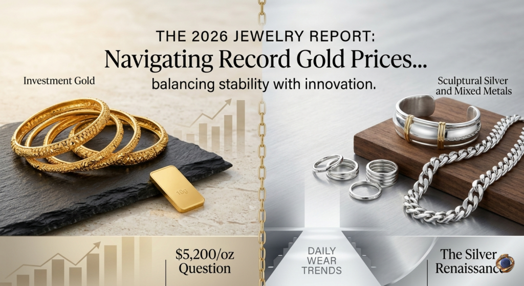 Comparison of traditional gold bangles and 2026 trending sculptural silver jewelry by Jelecon Jewel manufacturing.