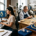 Inside the Jelecon Jewel facility showing custom 3D CAD jewelry design on screens and an artisan crafting gold and diamond rings at a workshop bench.