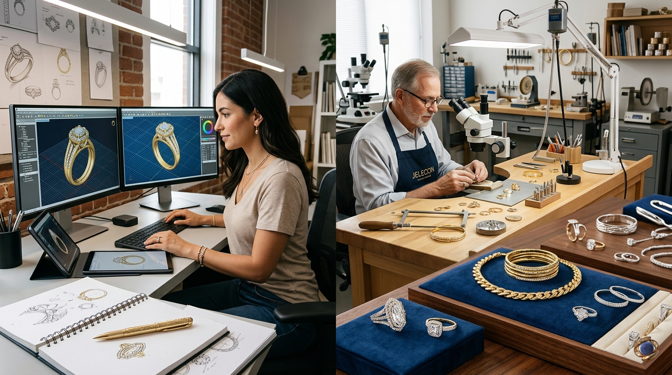 Inside the Jelecon Jewel facility showing custom 3D CAD jewelry design on screens and an artisan crafting gold and diamond rings at a workshop bench.